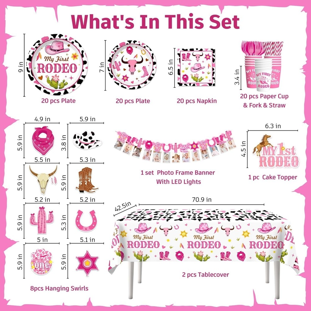 Yingoto 131Pcs My First Rodeo Decorations Girl, Rodeo Plates, 1st Rodeo Birthday - Picture 5 of 6